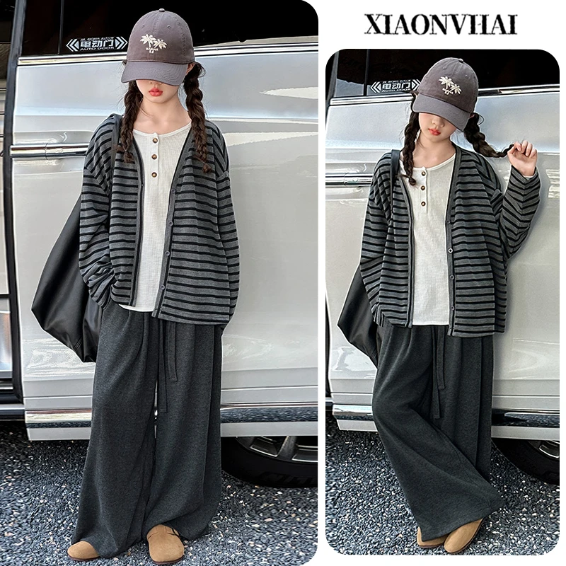 小女孩女童条纹套装垂顺2025新款开衫洋气6-12岁休闲儿童慵懒感潮