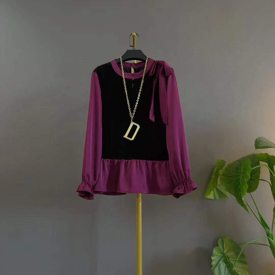 秋季衬衫袖圆领拼接成人系带衬衫百搭洋气休闲时尚胖妹妹遮肉