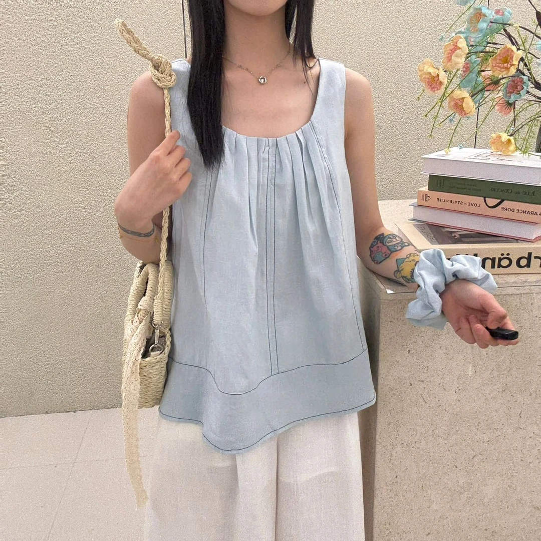 意法一批清仓 夏季简约百搭宽松显瘦无袖衬衫F0957