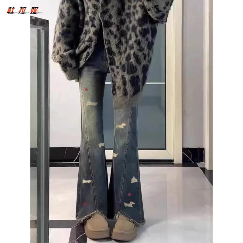 复古蓝毛边开叉微喇牛仔裤女冬加绒胖妹妹mm高腰腊肠狗刺绣喇叭裤