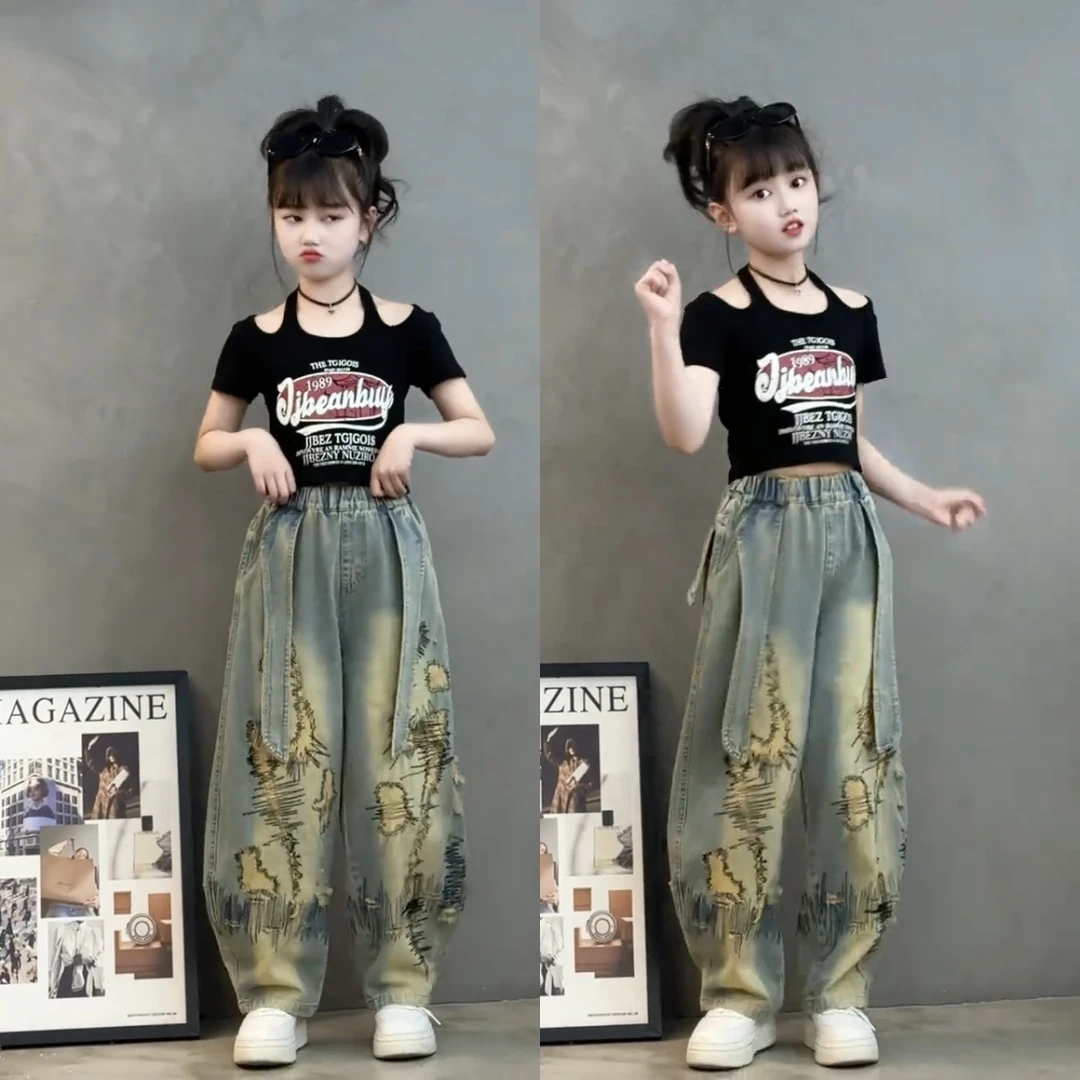 女童吊带短袖潮酷套装夏季新款儿童装美式漏肩上衣潮T牛仔弯刀裤
