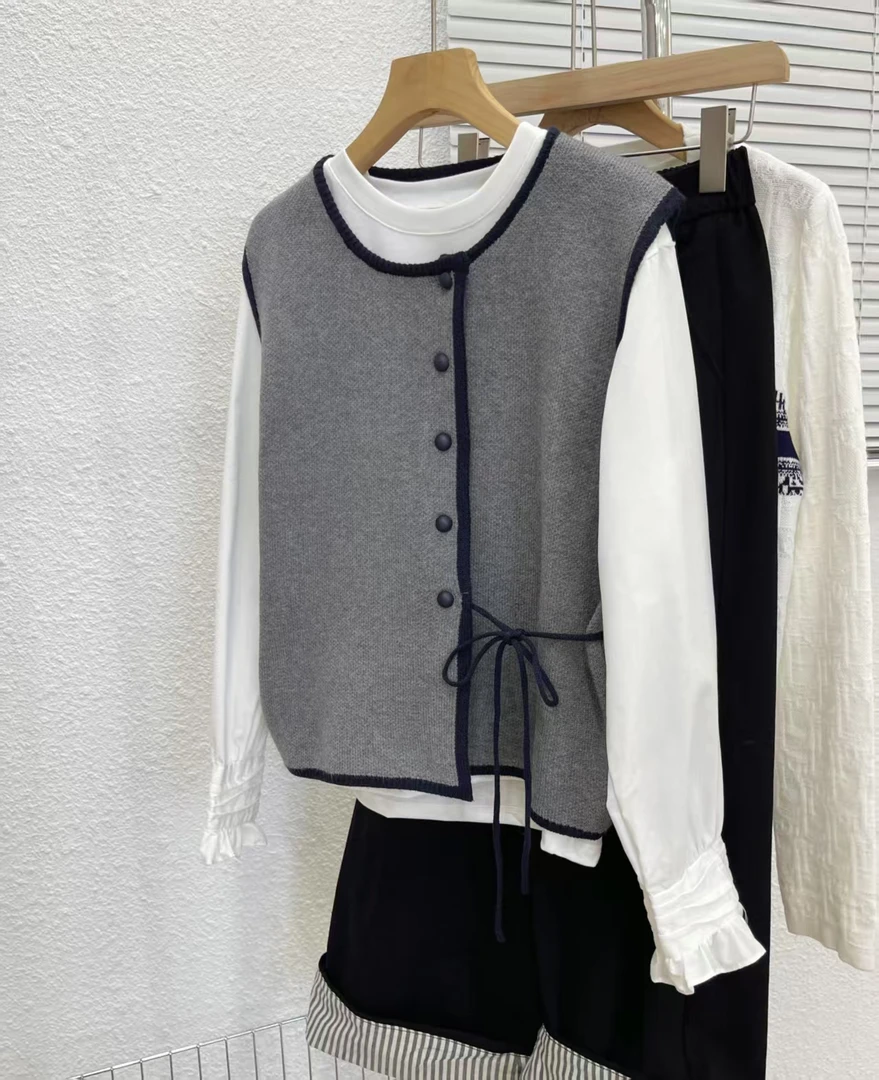抽绳马甲背心套头衬衫宽松针织衫百搭套头两件套新款打底休闲2366