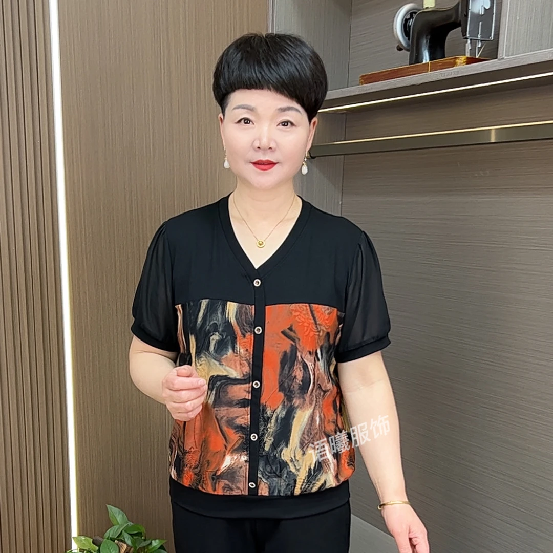 常规休闲风常规款T恤中老年女装提花妈妈装中年半袖夏季夏装F6619
