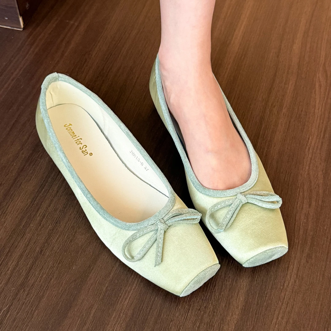 elingstudio 软软绵绵！仙草绿方头蝴蝶结单鞋女夏季浅口平底鞋子