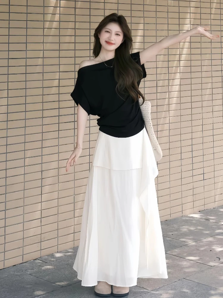 韩系黑色斜肩短袖上衣女夏季新款纯欲风设计不规则半身裙子两件套