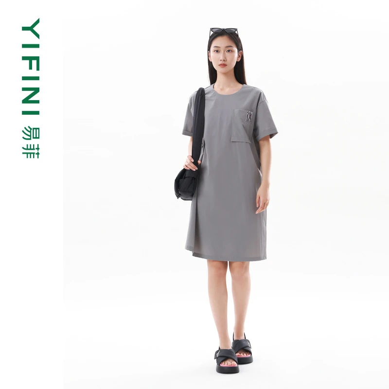 【Yifini】信鸽灰舒适休闲感H型短袖连衣裙C05Y1020