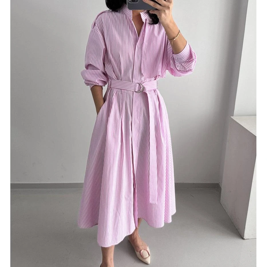 韩国chic2025春季新款法式气质系带收腰显瘦条纹衬衫百搭连衣裙女