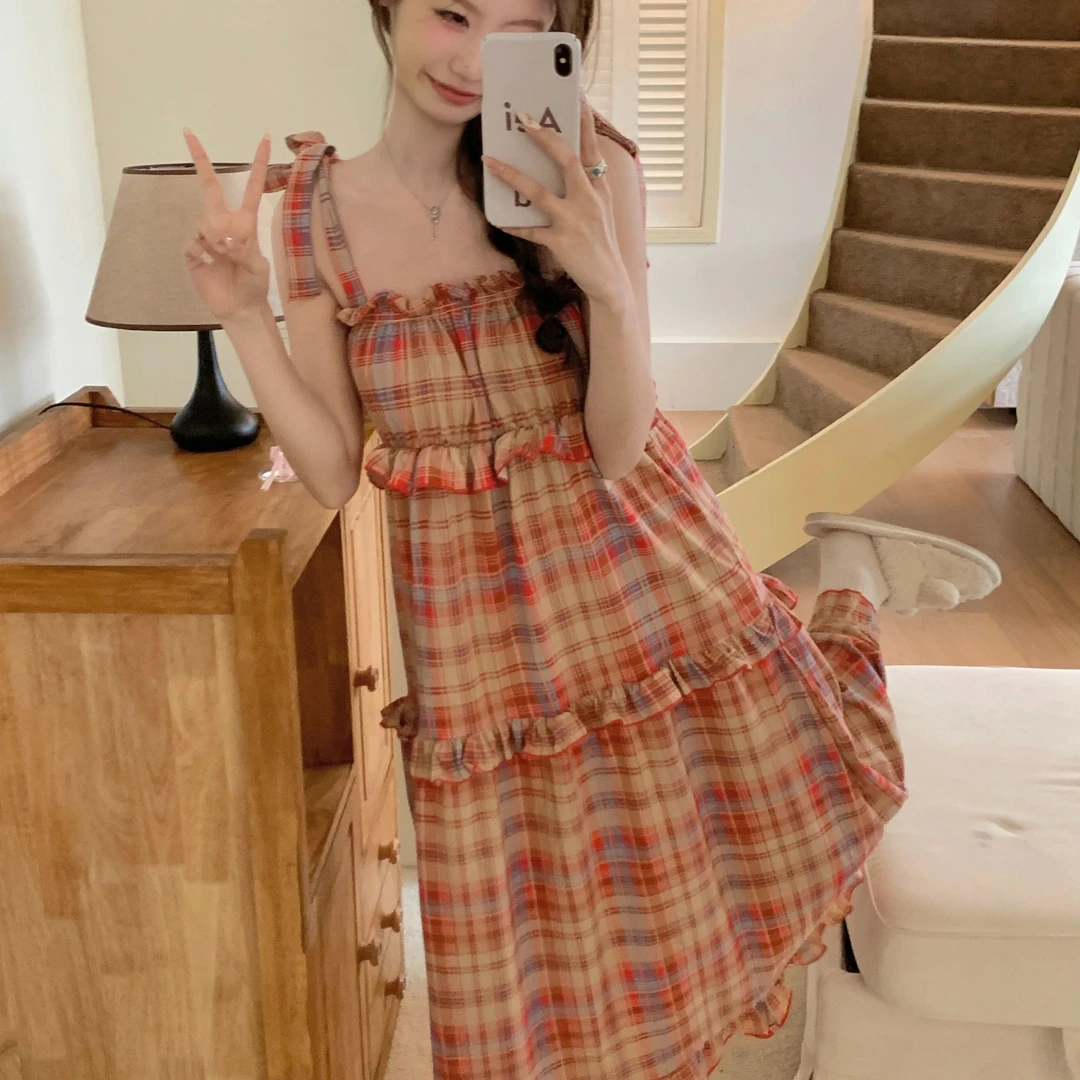 夏季法式格子连衣裙夏天女ins吊带睡裙宽松一体可调节吊带家居服