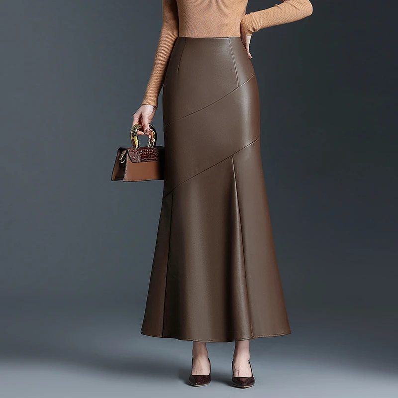 拉夏贝尔咖色鱼尾裙皮裙半身裙女秋冬2025新款式高腰荷叶边长裙子