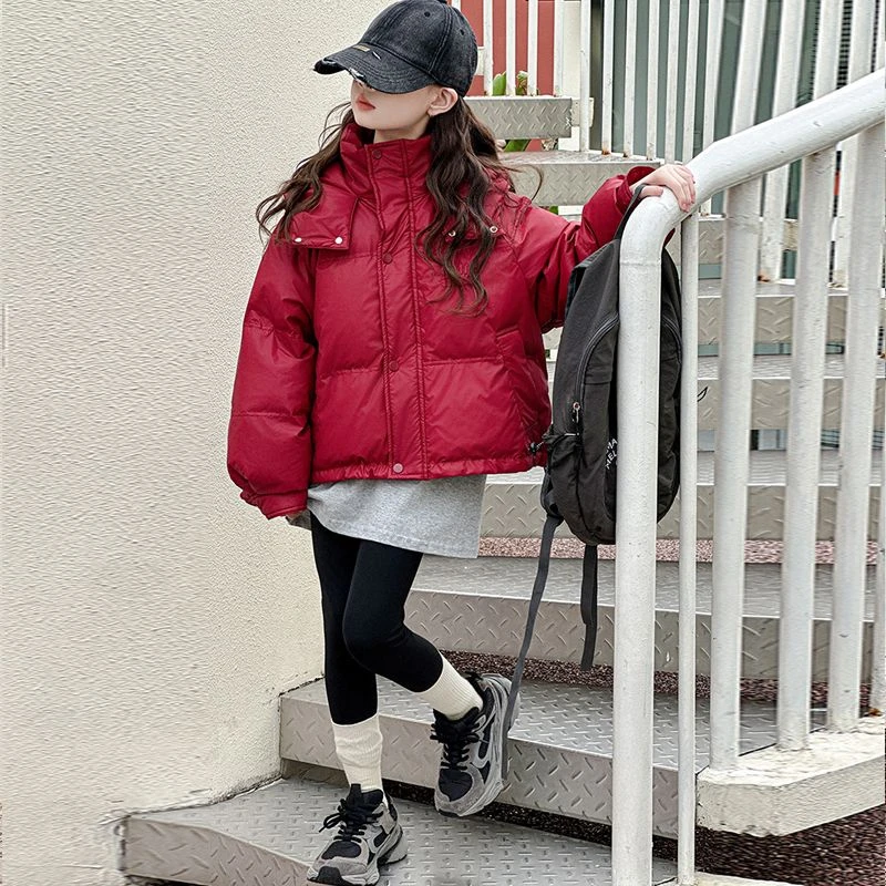 女童短款羽绒服冬装2024新款女孩大童加厚白鸭绒外套儿童红色衣服