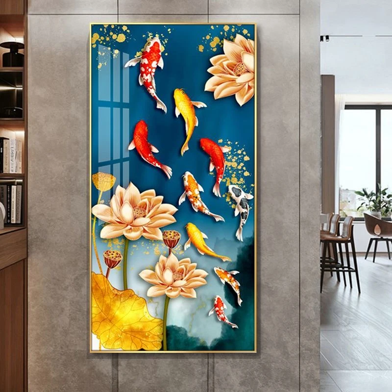 荷花九鱼图玄关装饰画新中式入户正对门轻奢客厅莲花走廊过道挂画