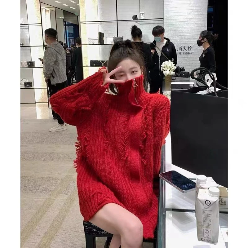高领针织时尚宽松加厚纯色秋冬红色保暖韩版冬季套头高领毛衣017