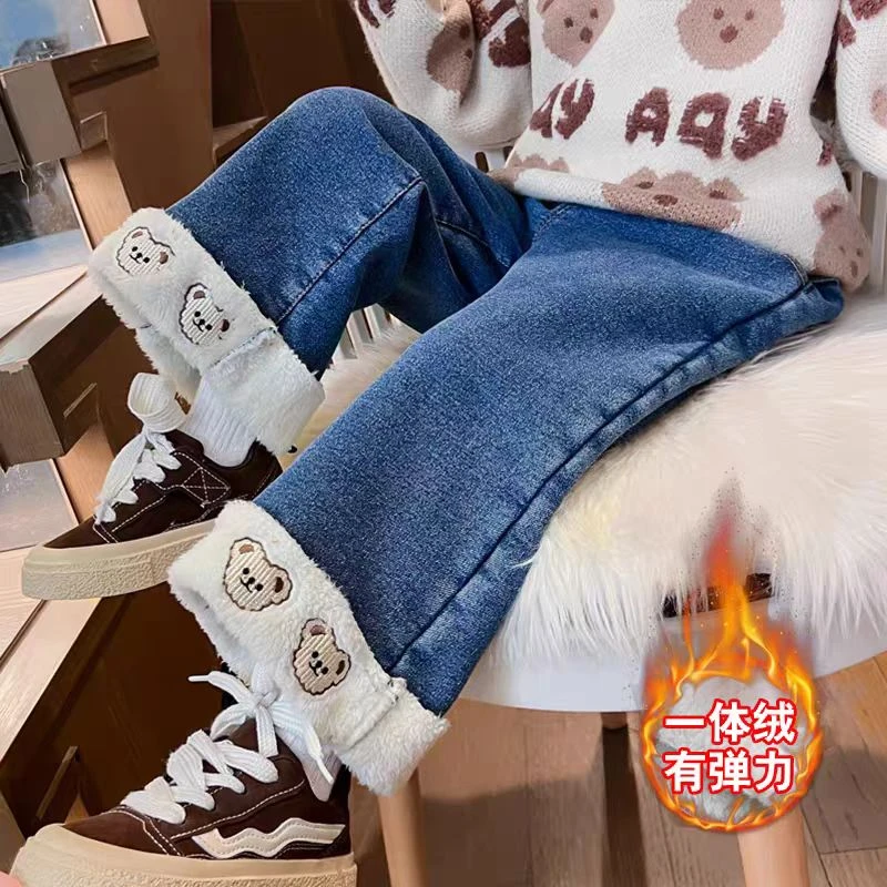 E921女童秋冬加绒熊头牛仔裤