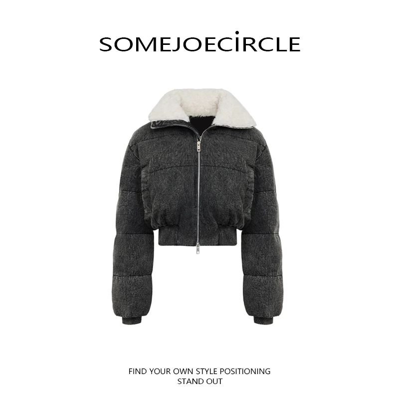 SOMEJOECIRCLE【潘珺雅同款】牛仔短款棉服外套毛领加厚面包服Z8290
