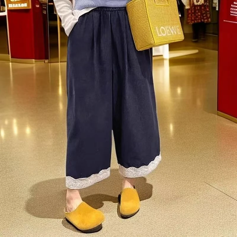 女童天丝牛仔裤九分裤蕾丝花边夏季薄款中大童女孩2025新款阔脚裤