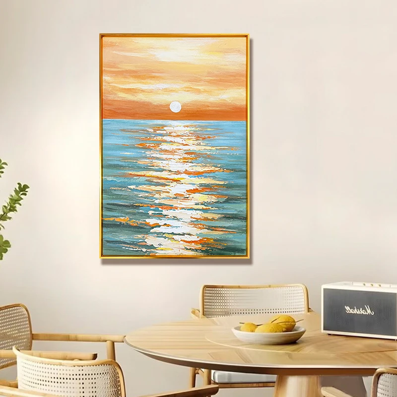 抽象手绘日出海景抽象油画餐厅风景装饰挂画简约美式风格