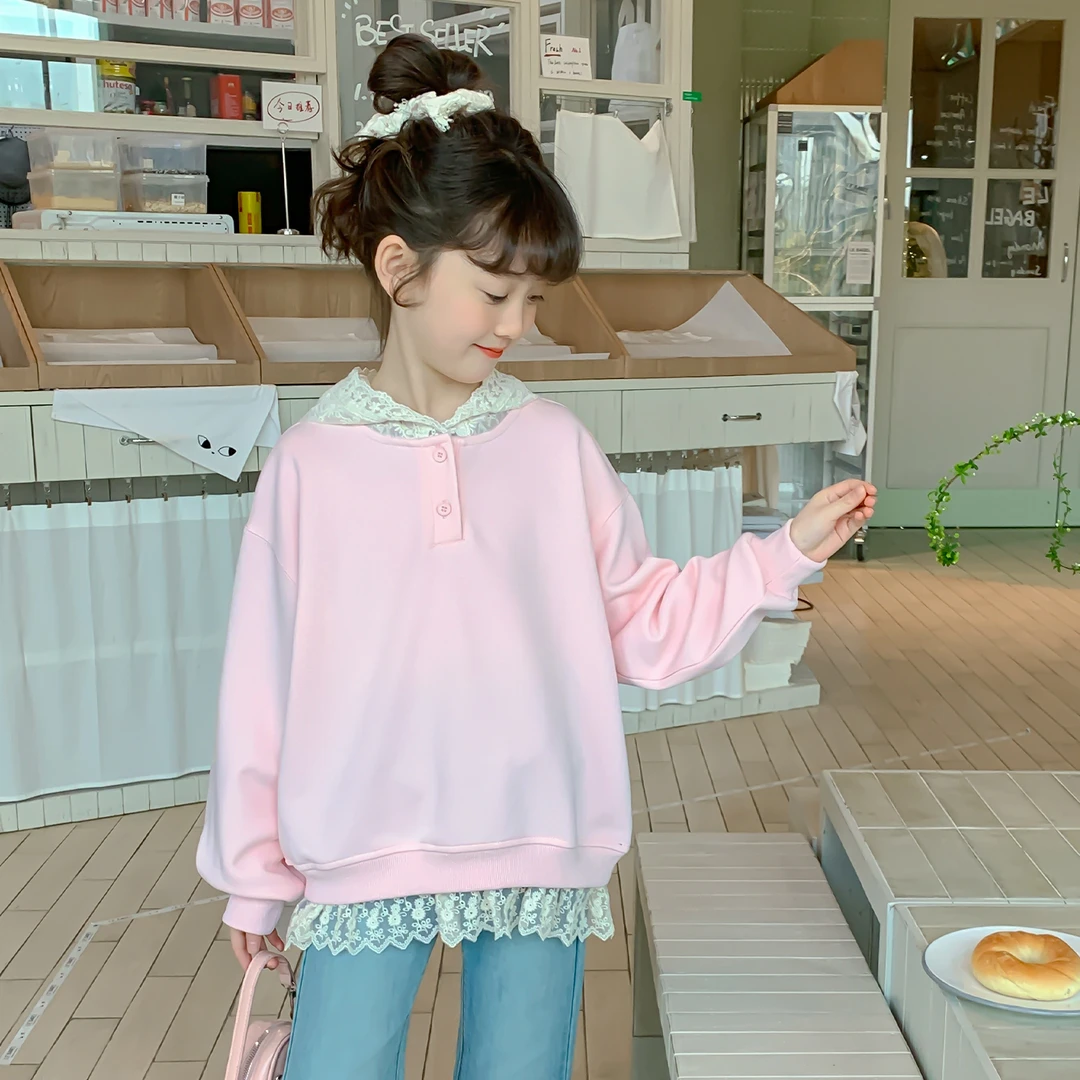 女童春季连帽卫衣2025春季新款女孩连帽蕾丝百搭款套头卫衣Q13133