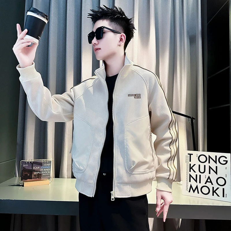 潮牌刺绣条纹立领男士夹克外套男2025春秋季新款痞帅休闲运动上衣