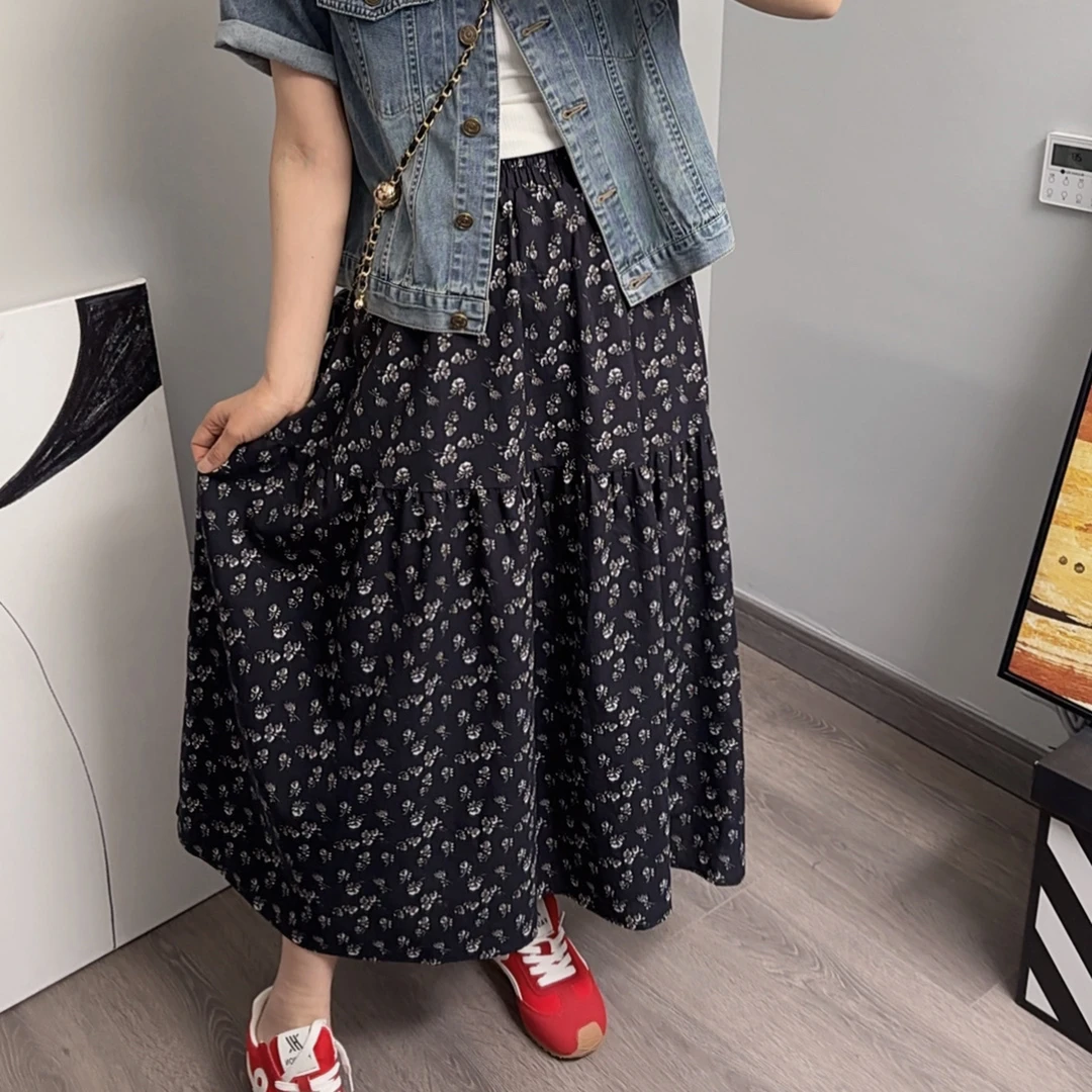 夏季新款碎花裙女中长款全棉半身裙舒适透气松紧腰围有内衬不透