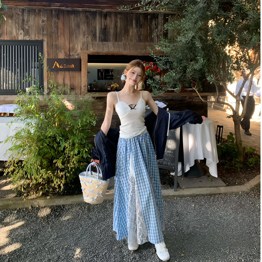 时尚甜美格纹拼接蕾丝半身裙新款设计感高腰显瘦垂感大摆长裙