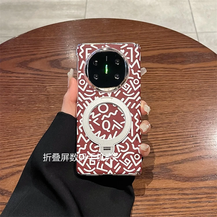 适用华为MateX6/X5手机壳皮质简约字母磁吸支架全包中轴保护后壳