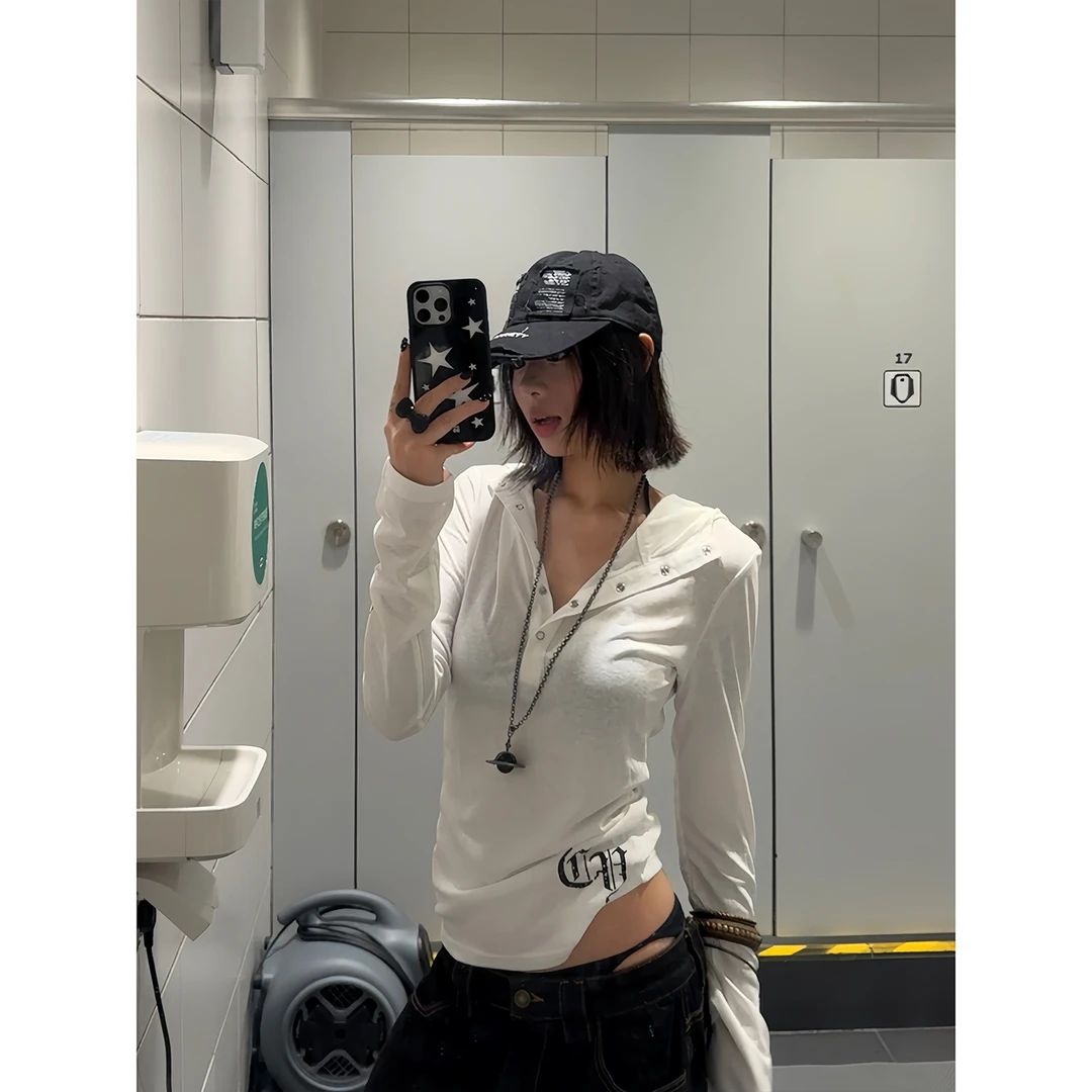 美式朋克长袖连帽T恤哥特风防晒罩衫修身薄纱上衣女辣妹夏季新款