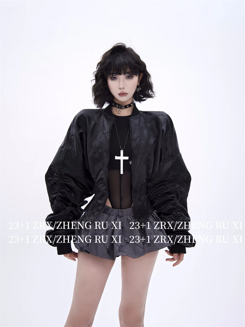 付新博女装拼接皮质收腰短外套女小众设计感抽褶棒球服上衣13716