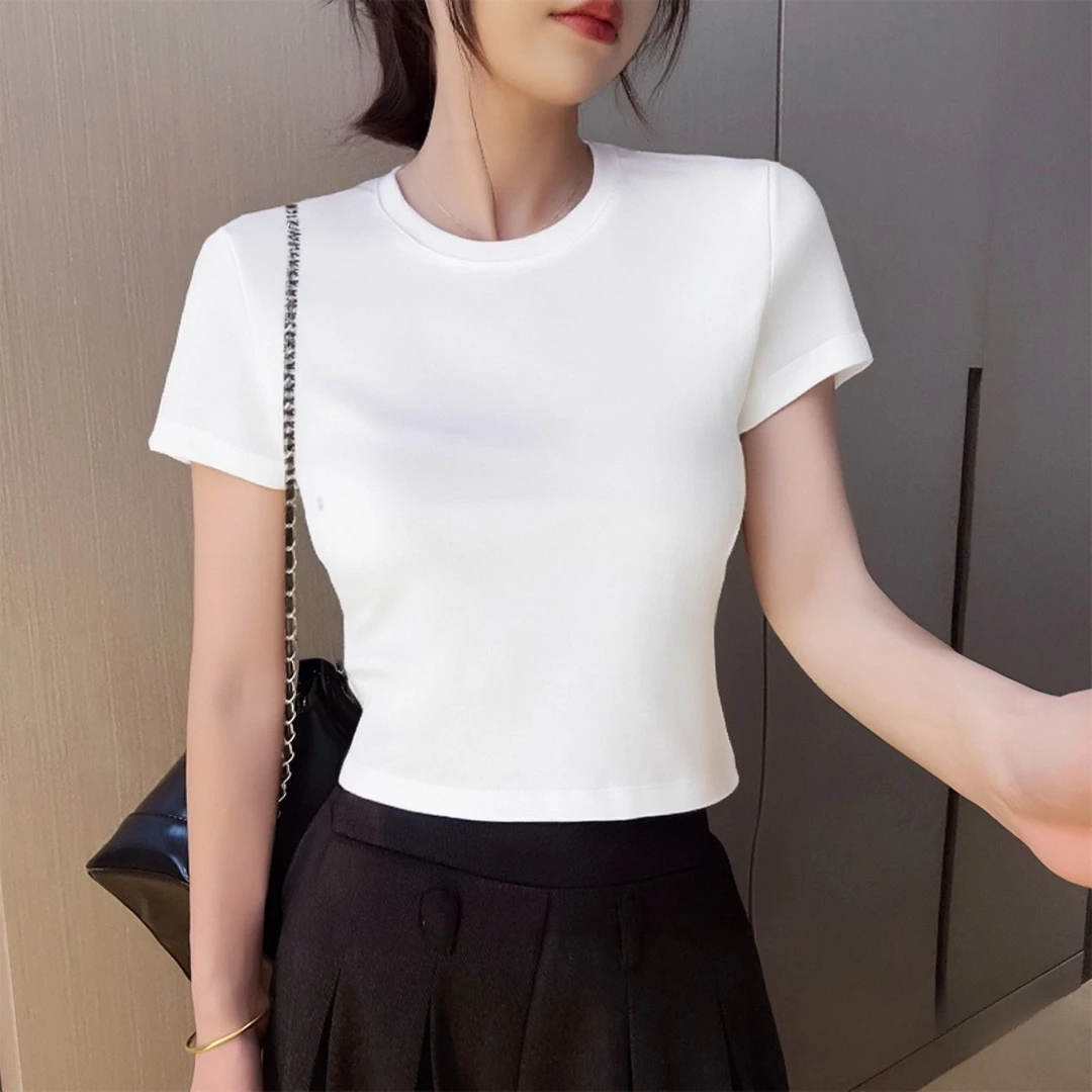 正肩短袖t恤女夏2025新款圆领针织半袖体恤修身齐腰短款洋气上衣