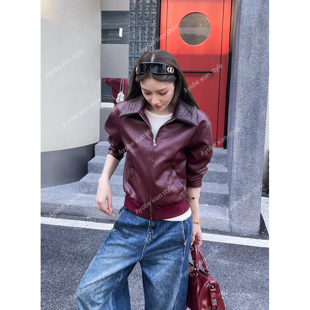 【AYOBE】小贤 10月5日13:00新品  港风女郎棕红拼接菱纹皮衣外套