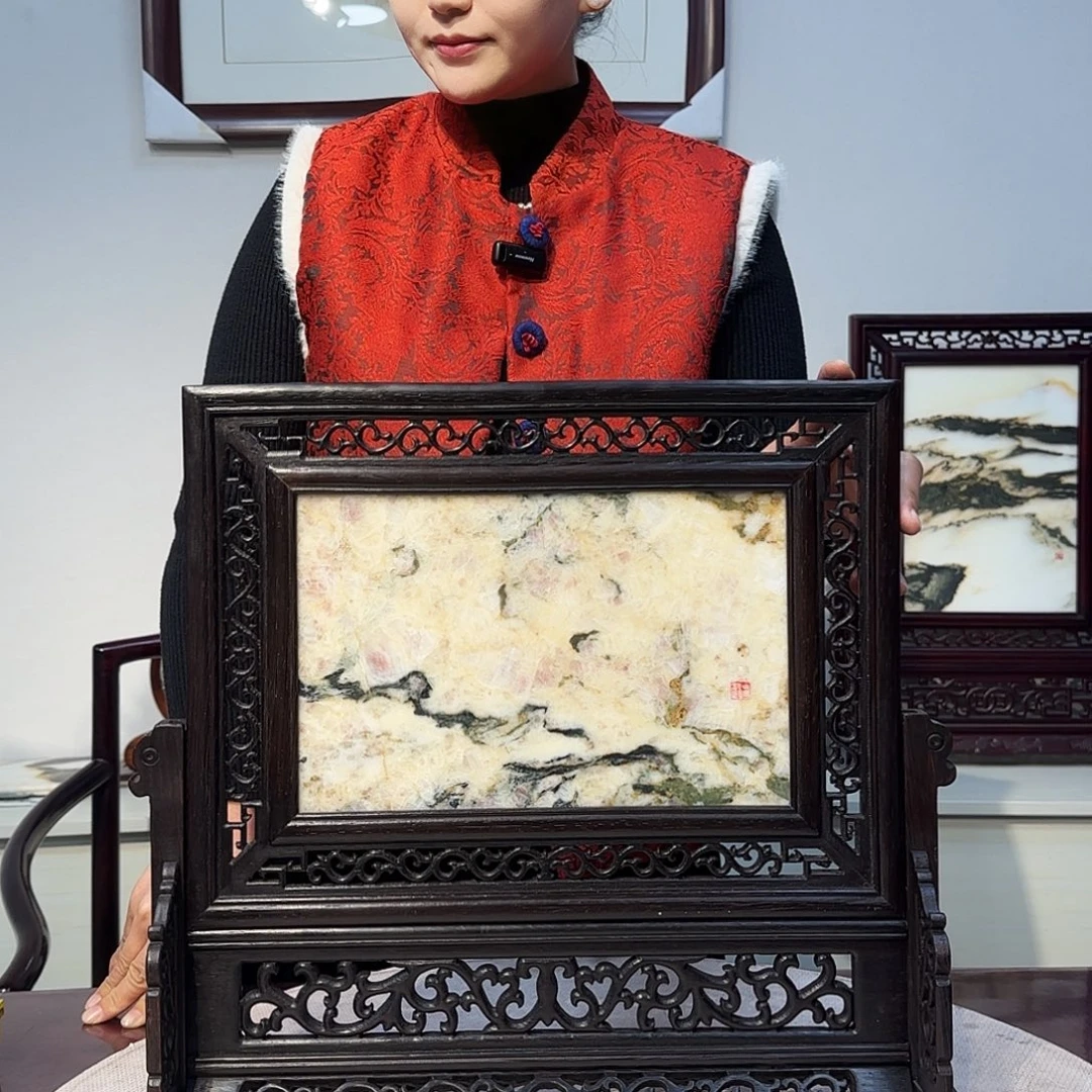 迦***叶石材天然大理石画屏风41×37