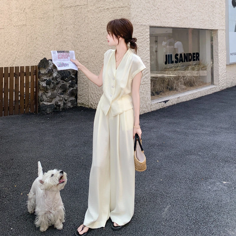 韩系松弛感穿搭套装裤2025女夏新款遮肉显瘦极简风无袖马甲阔腿裤