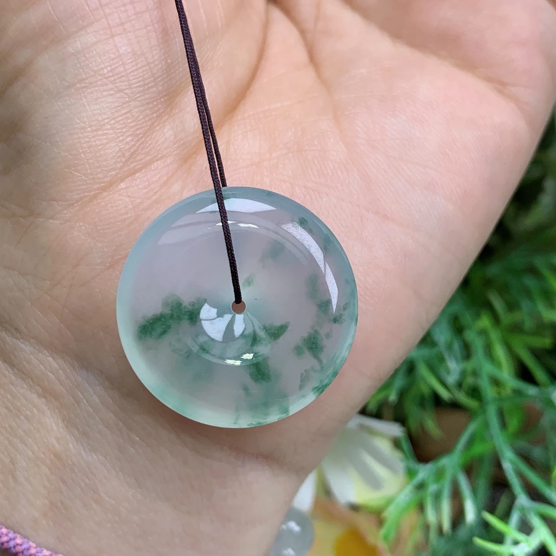 缅甸天然翡翠a货高冰起光飘花平安扣吊坠钟尺寸25.3/6mm