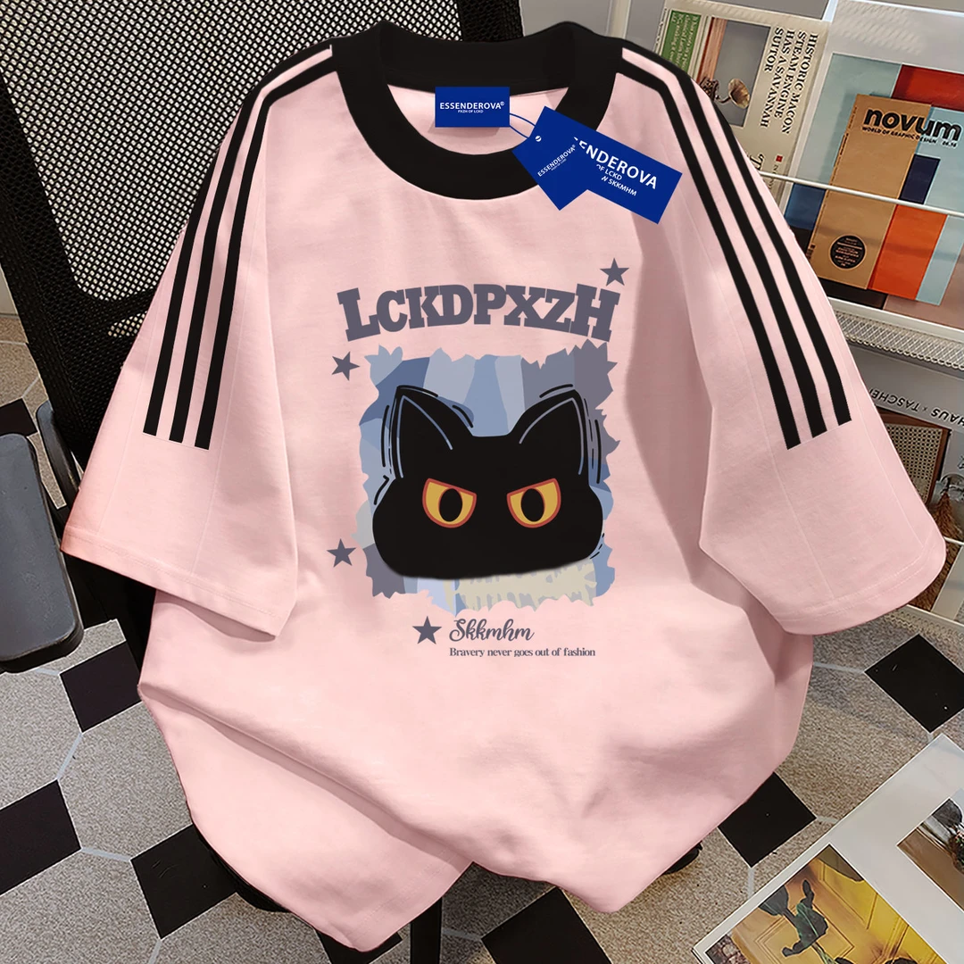 100%纯棉美式清新三条杠圆领短袖t恤男女夏季新款宽松情侣上衣ins