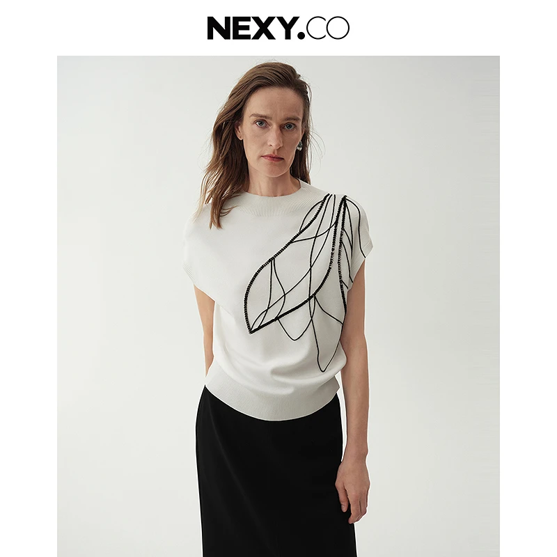 NEXY.CO/奈蔻时尚休闲白色印花夏季针织毛衫XZ03026V0