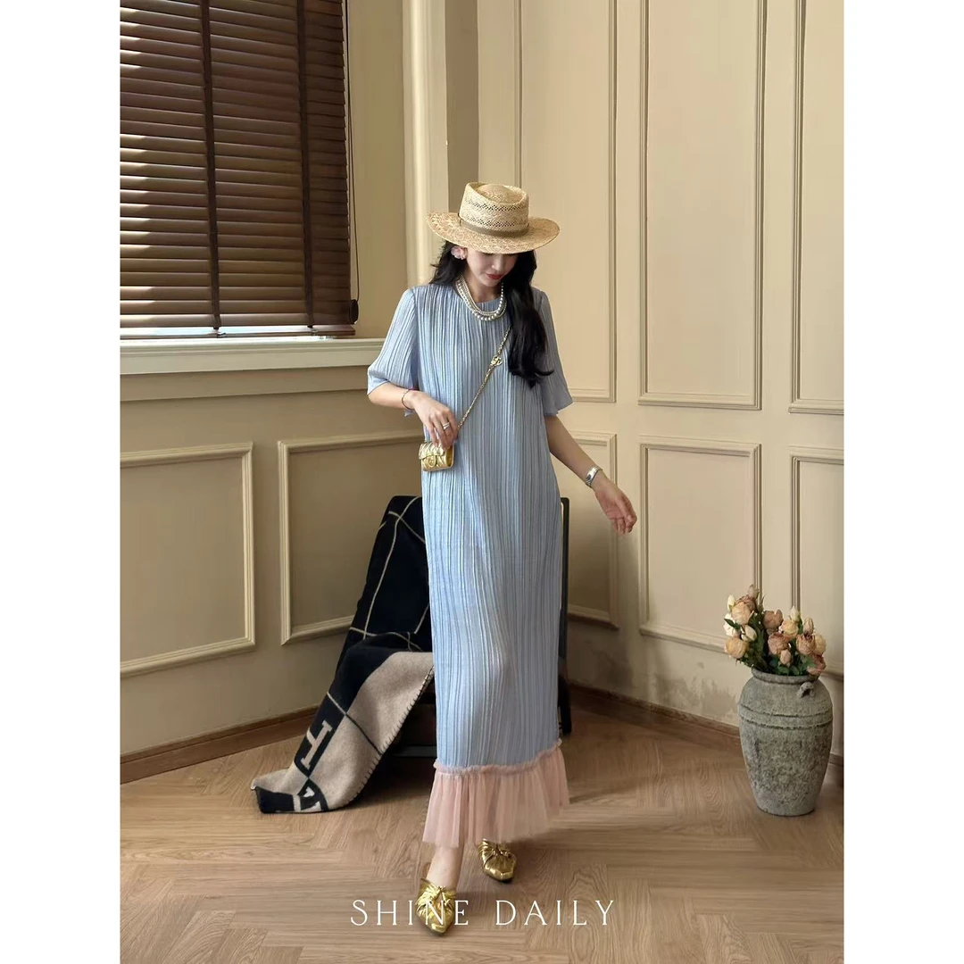 【晨露】夏新款慵懒设计感法式浪漫压褶显瘦连衣裙长裙夏季宽松