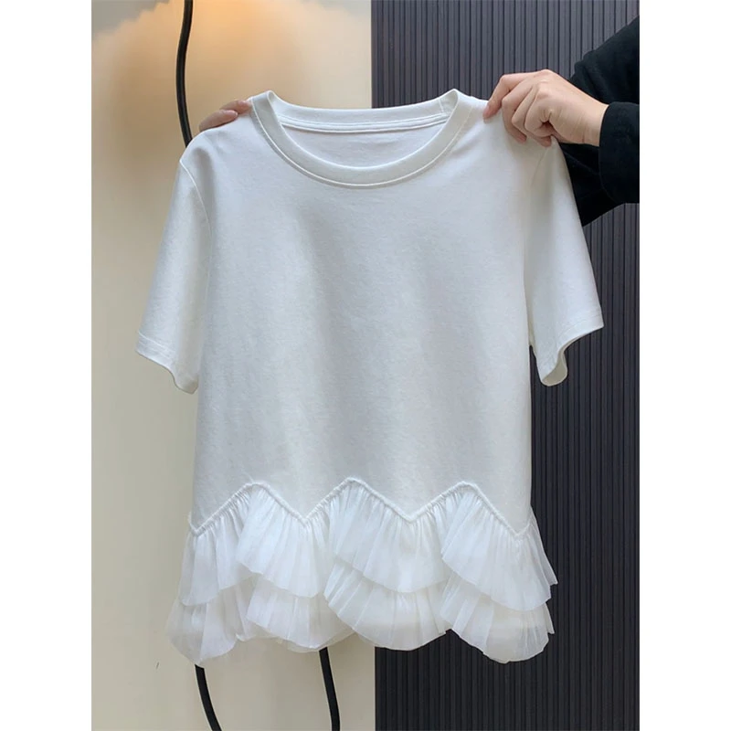 特大码200斤甜美风chic拼接蕾丝边正肩短袖t恤女夏季遮肉显瘦上衣