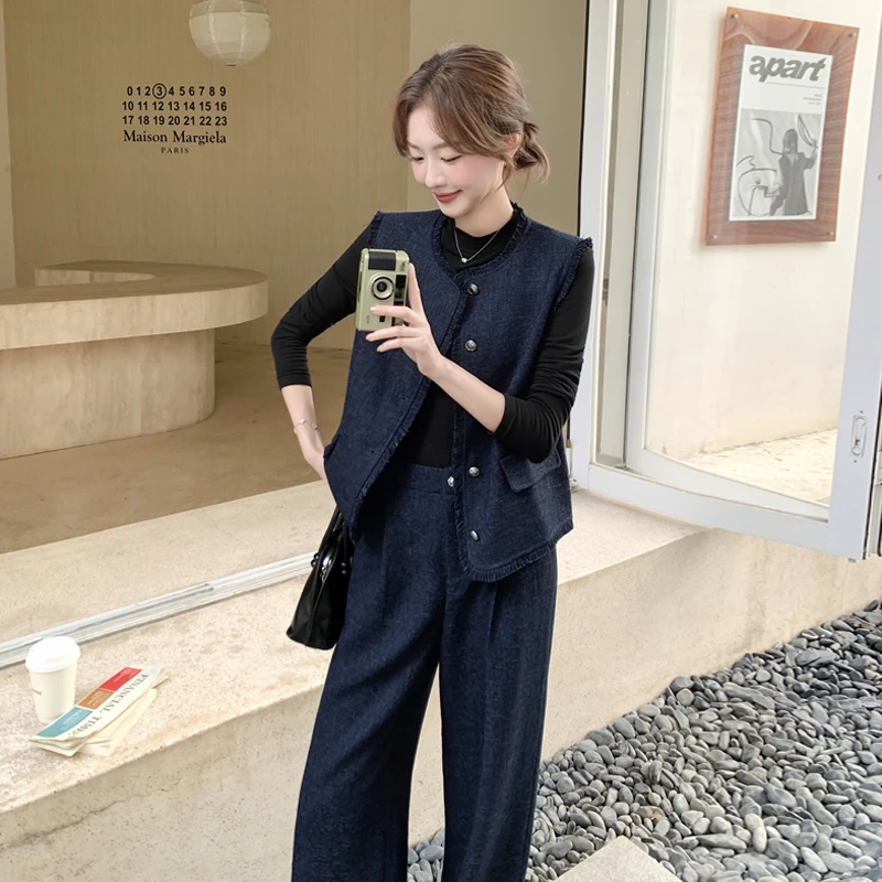 UQS秋季知性女款套装2025新款气质高级感老钱风马甲阔腿裤两件套