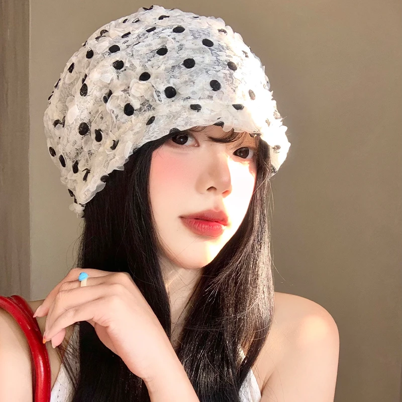 波点蕾丝堆堆帽女春夏季薄款透气韩版显脸小包头帽大头围百搭帽子