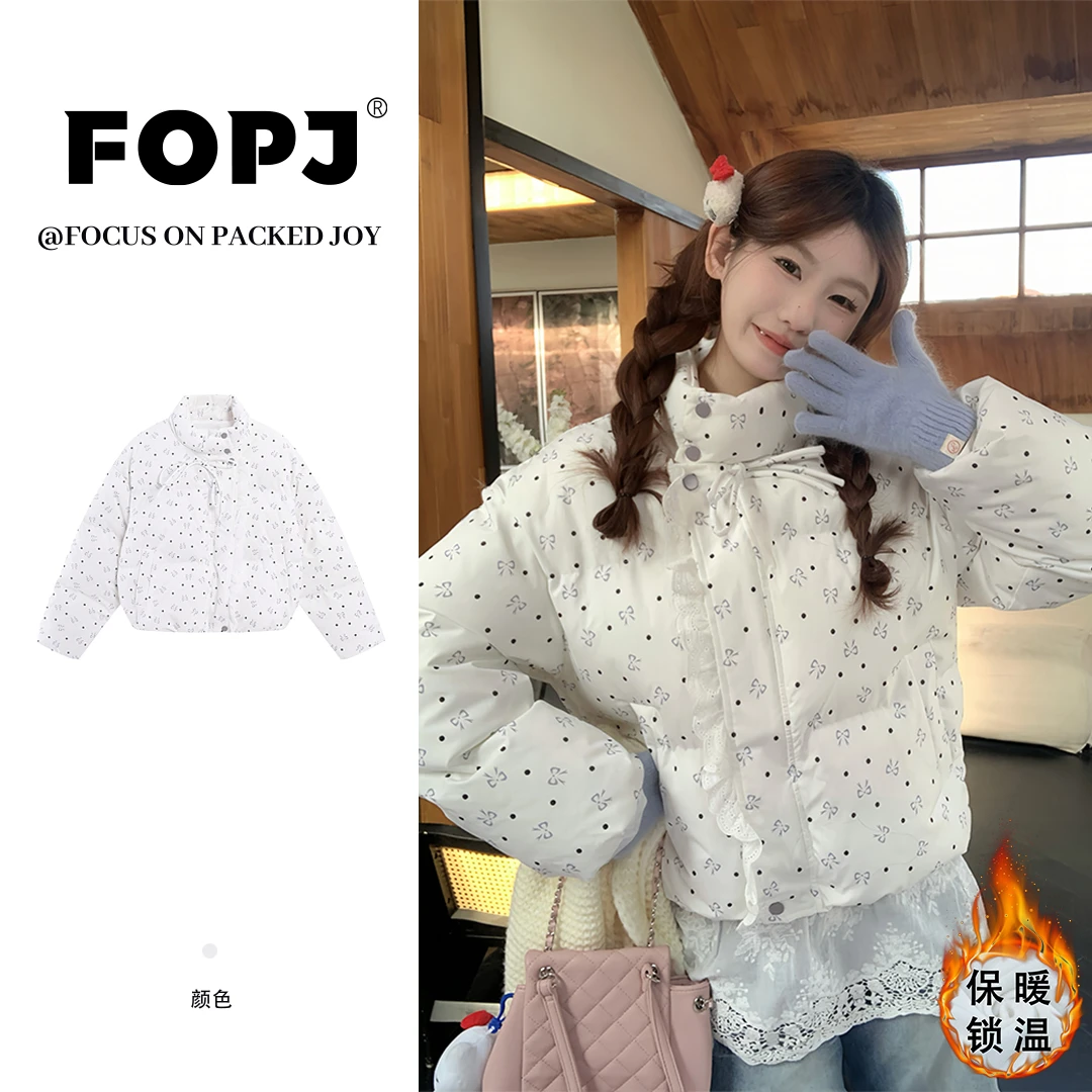 FOPJ学院风韩版蕾丝边短款棉服女冬季新款面包服加厚保暖甜美外套