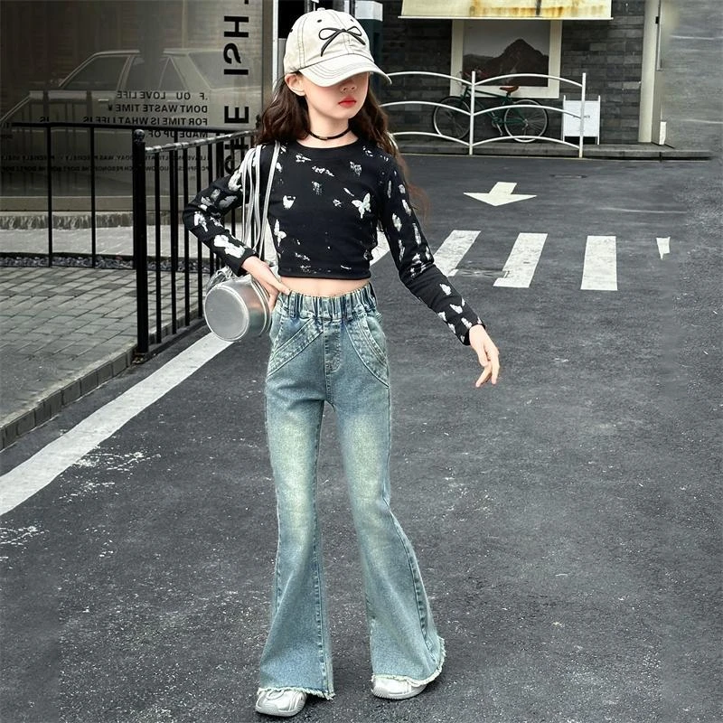 女童长袖牛仔裤套装春季2025新款儿童春秋打底衫中大童炸街上衣潮