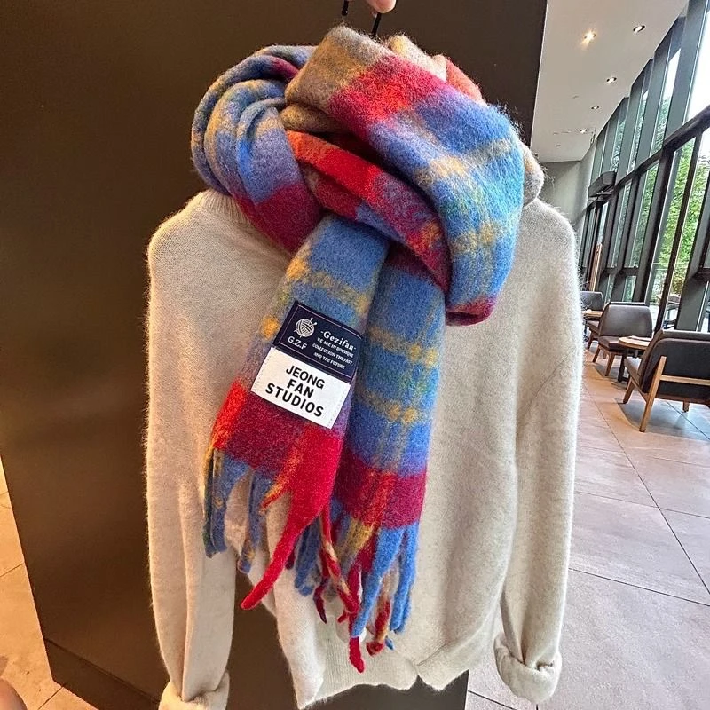 韩版红色格子围巾条纹围巾款冬天围巾百搭披肩学生情侣围脖加厚