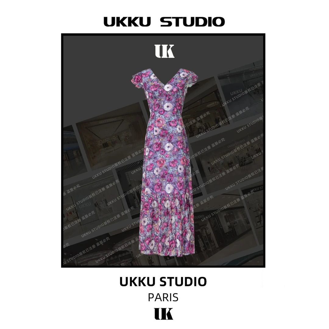 秀秀【UKKUSTUDIO】轻奢设计师夏季紫色收腰碎花吊带连衣裙914132