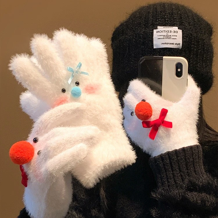 可爱白色蝴蝶结雪人毛绒针织手套女冬季加绒保暖防寒防风学生骑行