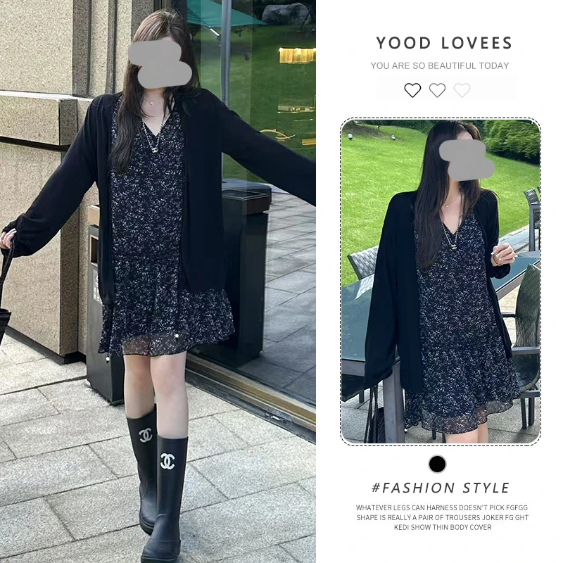 时尚套装裙复古V领碎花背心连衣裙黑色开衫春秋新款巨显瘦两件套