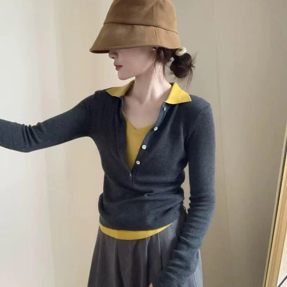 韩系百搭显瘦Polo领假两件针织长袖55688（衣长52）