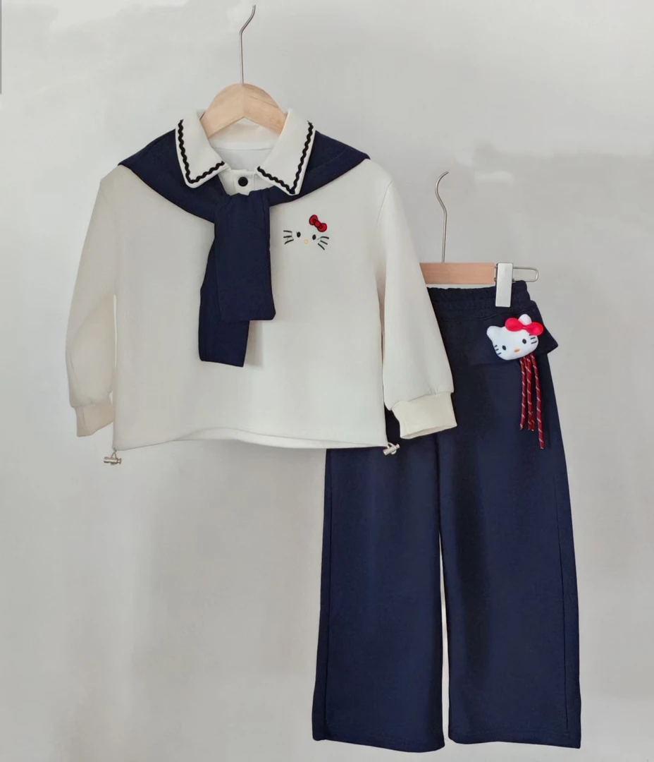 2025秋季新款儿童甜美KT猫披肩卫衣休闲纯色裤子套装