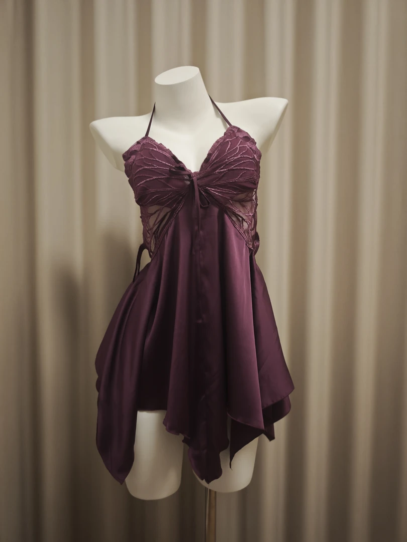 性感冰丝大码睡衣带胸垫聚拢蝴蝶结睡裙露背短款无袖吊带裙外袍