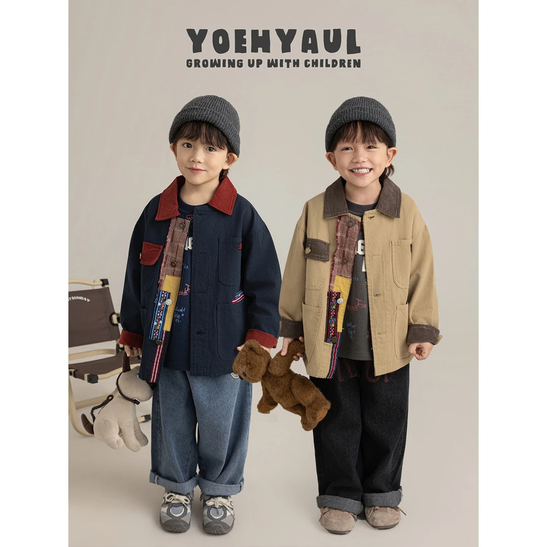 幼悠男童秋装全棉长袖拼接工装外套潮酷痞帅童装儿童衣服N7177