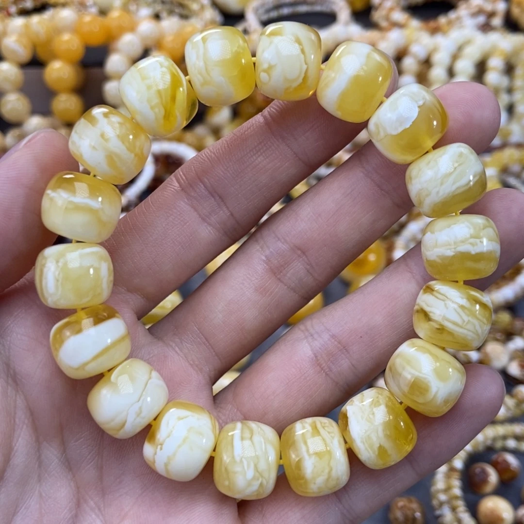 琥珀未镶嵌手链14mm瓷白虎皮纹手串