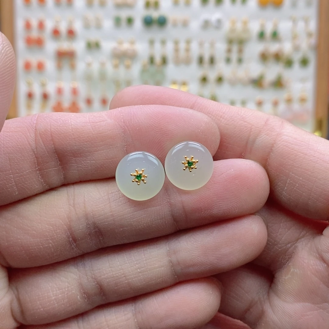 和田玉银S925镶嵌耳饰